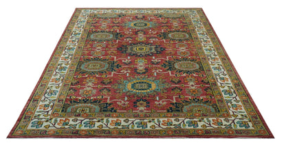 Custom Made Traditional Motifs Design Rust And Ivory Hand Knotted Wool Rug.