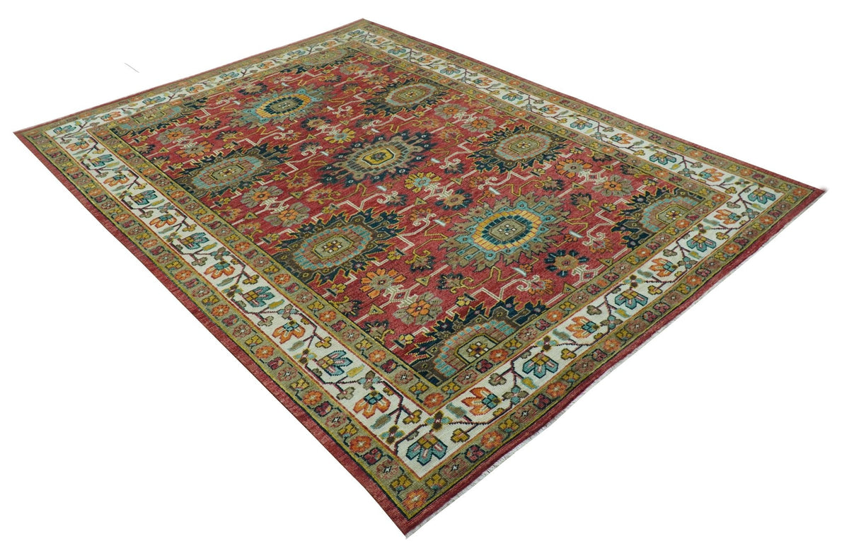 Custom Made Traditional Motifs Design Rust And Ivory Hand Knotted Wool Rug.