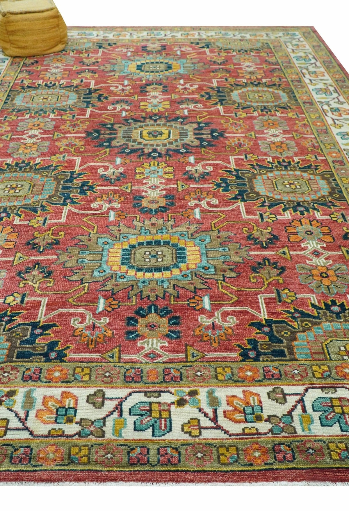 Custom Made Traditional Motifs Design Rust And Ivory Hand Knotted Wool Rug.