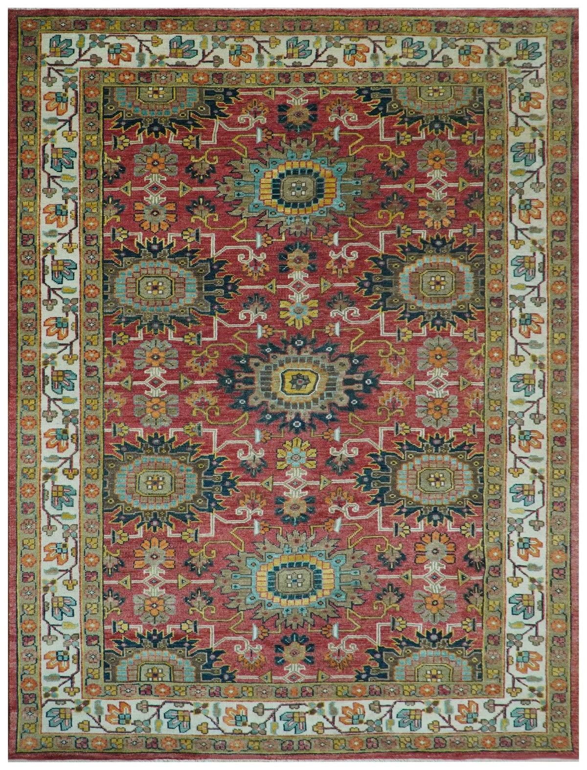 Custom Made Traditional Motifs Design Rust And Ivory Hand Knotted Wool Rug.