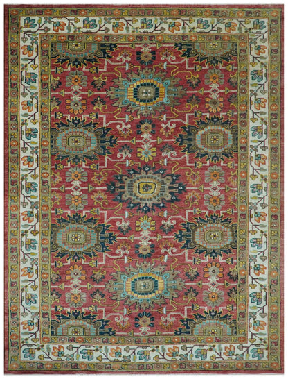 Custom Made Traditional Motifs Design Rust And Ivory Hand Knotted Wool Rug.