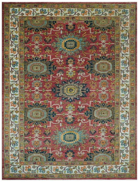 Custom Made Traditional Motifs Design Rust And Ivory Hand Knotted Wool Rug.