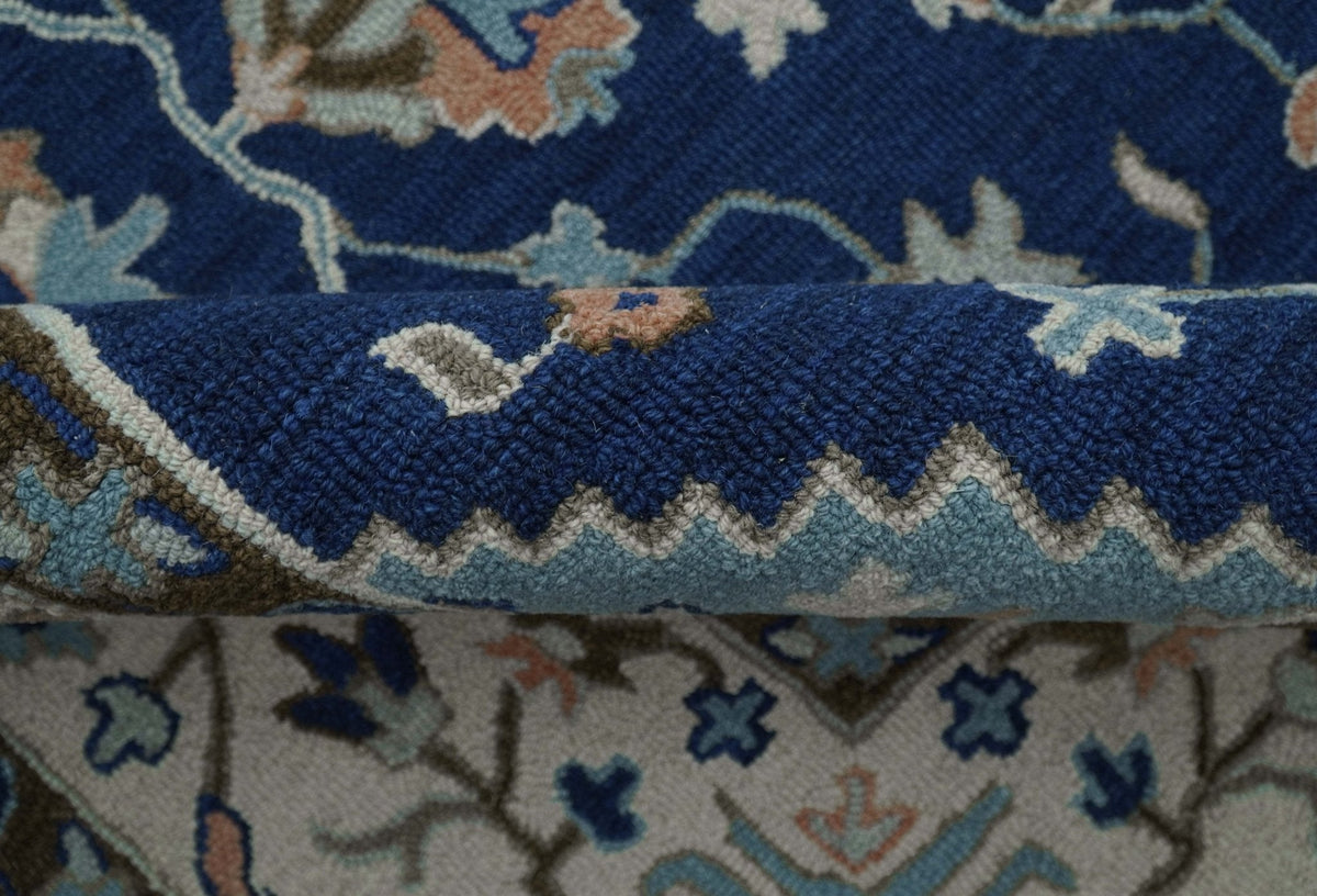 Custom Made Traditional Oriental Design Blue And Beige Hand-Tufted Wool Area Rug.
