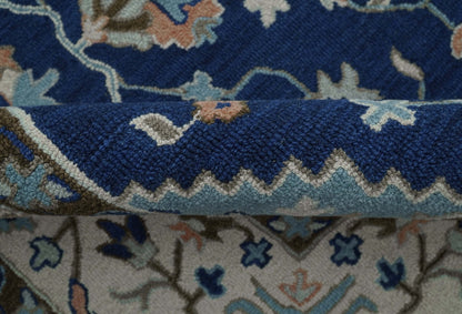Custom Made Traditional Oriental Design Blue And Beige Hand-Tufted Wool Area Rug.
