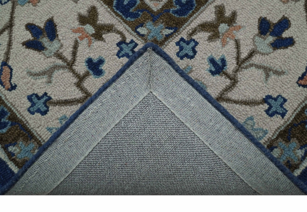 Custom Made Traditional Oriental Design Blue And Beige Hand-Tufted Wool Area Rug.