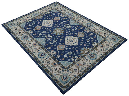 Custom Made Traditional Oriental Design Blue And Beige Hand-Tufted Wool Area Rug.