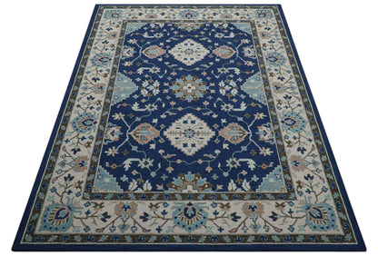 Custom Made Traditional Oriental Design Blue And Beige Hand-Tufted Wool Area Rug.