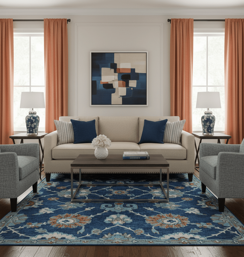 Custom Made Traditional Oriental Design Blue And Beige Hand-Tufted Wool Area Rug.