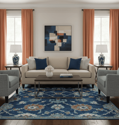 Custom Made Traditional Oriental Design Blue And Beige Hand-Tufted Wool Area Rug.