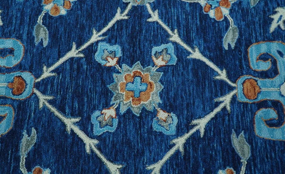 Custom Made Traditional Oriental Design Blue And Beige Hand-Tufted Wool Area Rug.