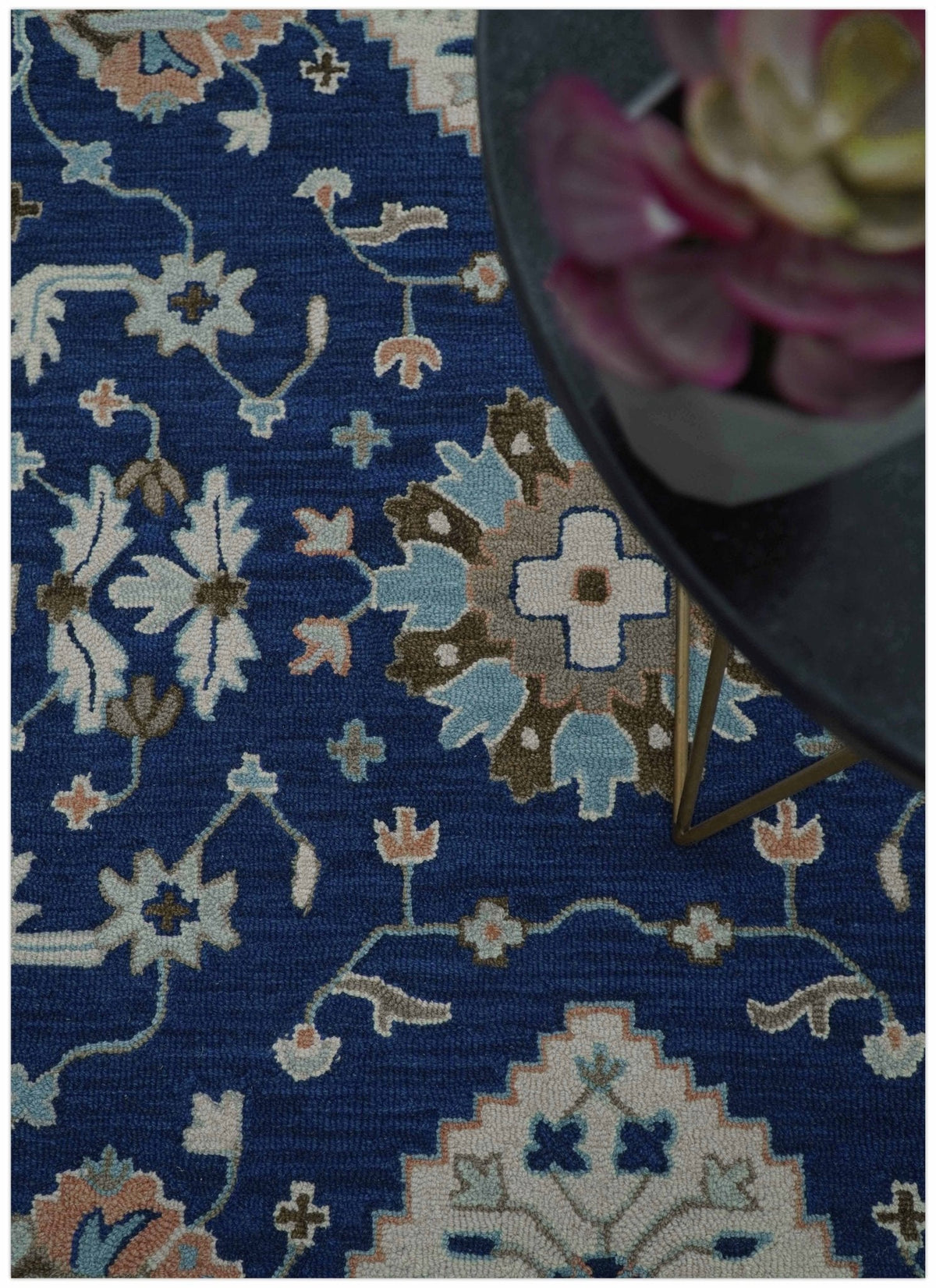 Custom Made Traditional Oriental Design Blue And Beige Hand-Tufted Wool Area Rug.