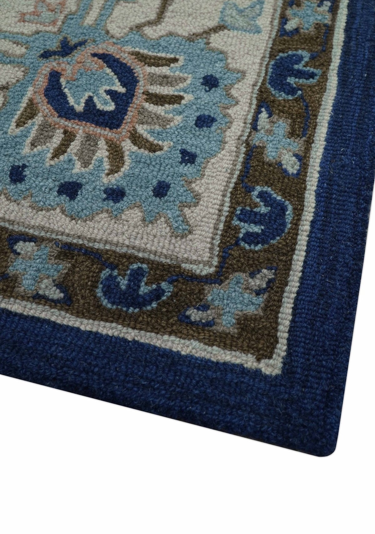 Custom Made Traditional Oriental Design Blue And Beige Hand-Tufted Wool Area Rug.