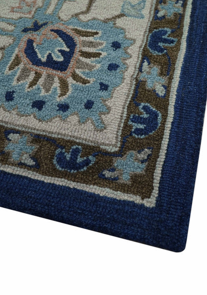 Custom Made Traditional Oriental Design Blue And Beige Hand-Tufted Wool Area Rug.