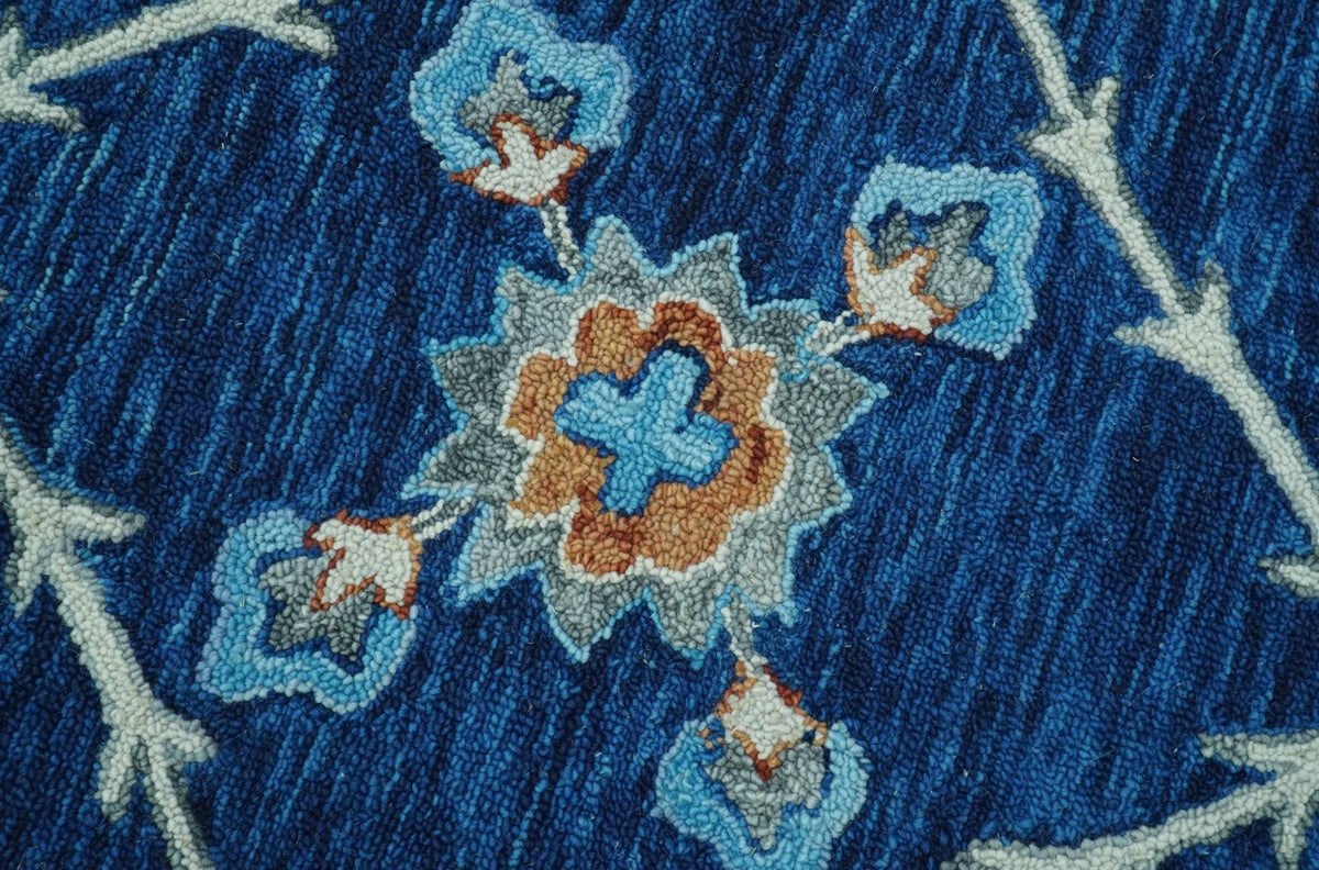 Custom Made Traditional Oriental Design Blue And Beige Hand-Tufted Wool Area Rug.
