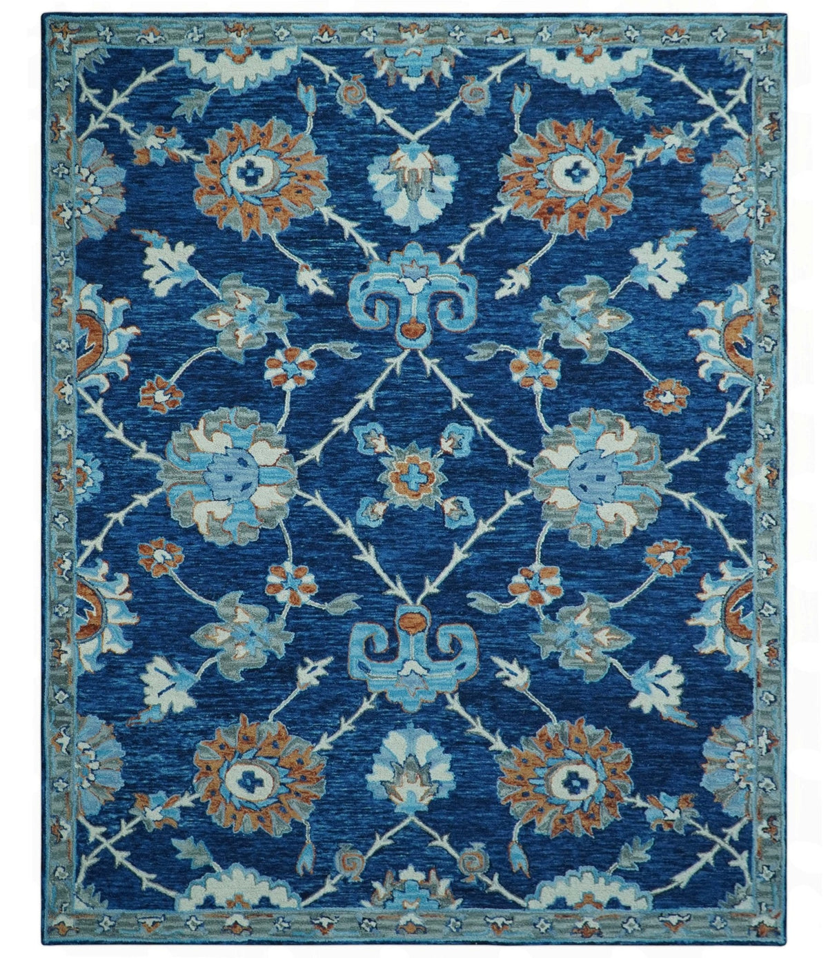 Custom Made Traditional Oriental Design Blue And Beige Hand-Tufted Wool Area Rug.