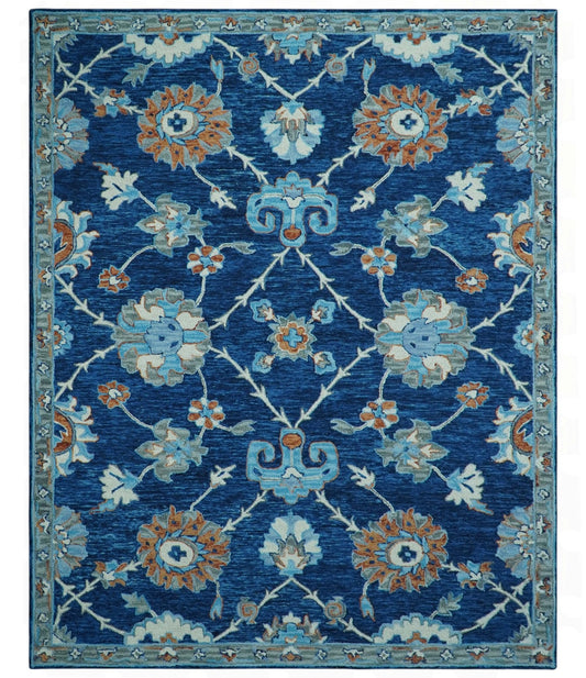 Custom Made Traditional Oriental Design Blue And Beige Hand-Tufted Wool Area Rug.