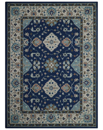 Custom Made Traditional Oriental Design Blue And Beige Hand-Tufted Wool Area Rug.