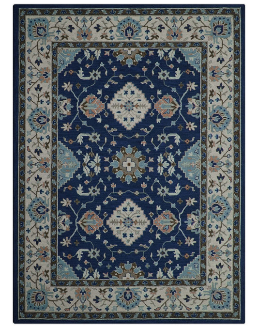 Custom Made Traditional Oriental Design Blue And Beige Hand-Tufted Wool Area Rug.