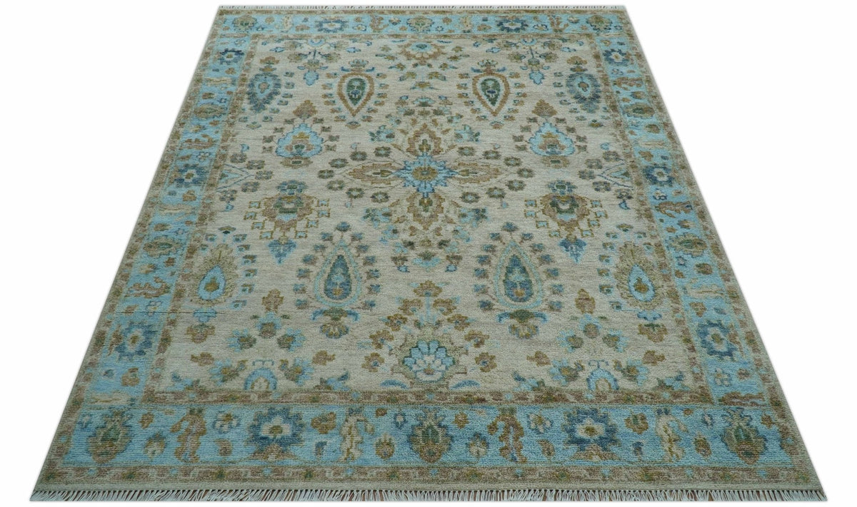 Custom Made Traditional Oriental Design Ivory And Blue Hand knotted Wool Area Rug.