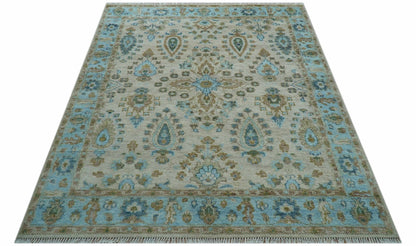 Custom Made Traditional Oriental Design Ivory And Blue Hand knotted Wool Area Rug.