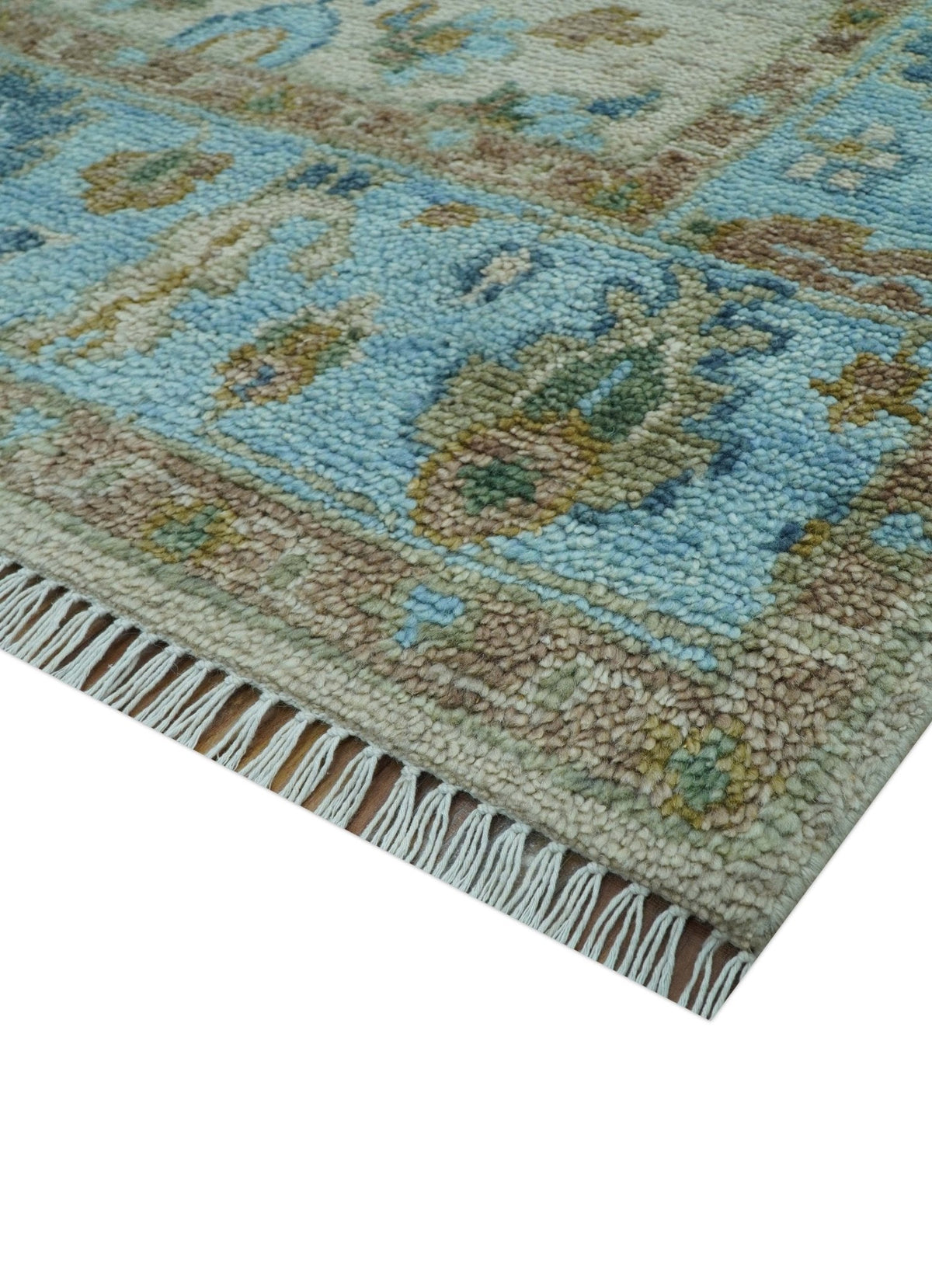 Custom Made Traditional Oriental Design Ivory And Blue Hand knotted Wool Area Rug.
