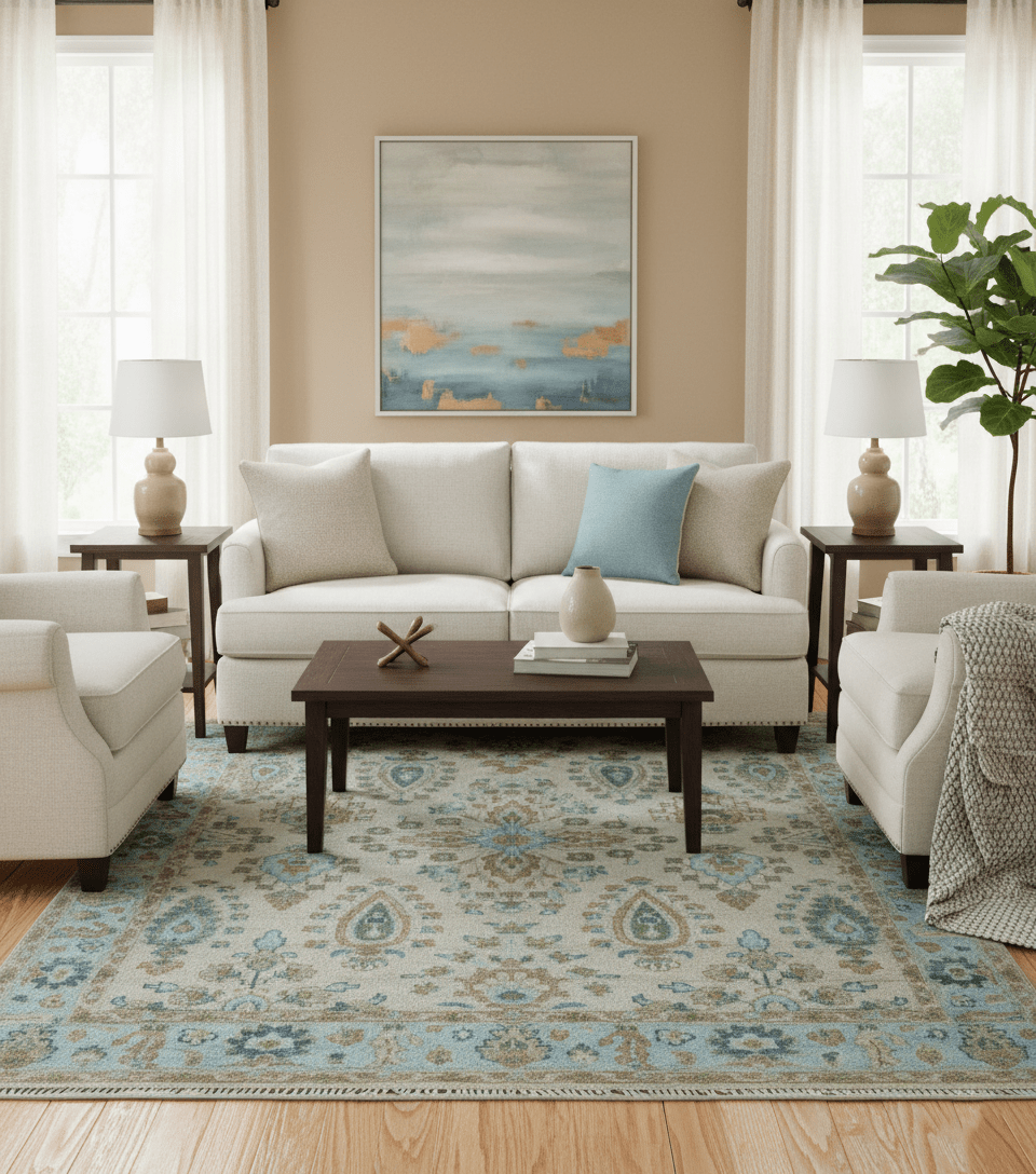 Custom Made Traditional Oriental Design Ivory And Blue Hand knotted Wool Area Rug.