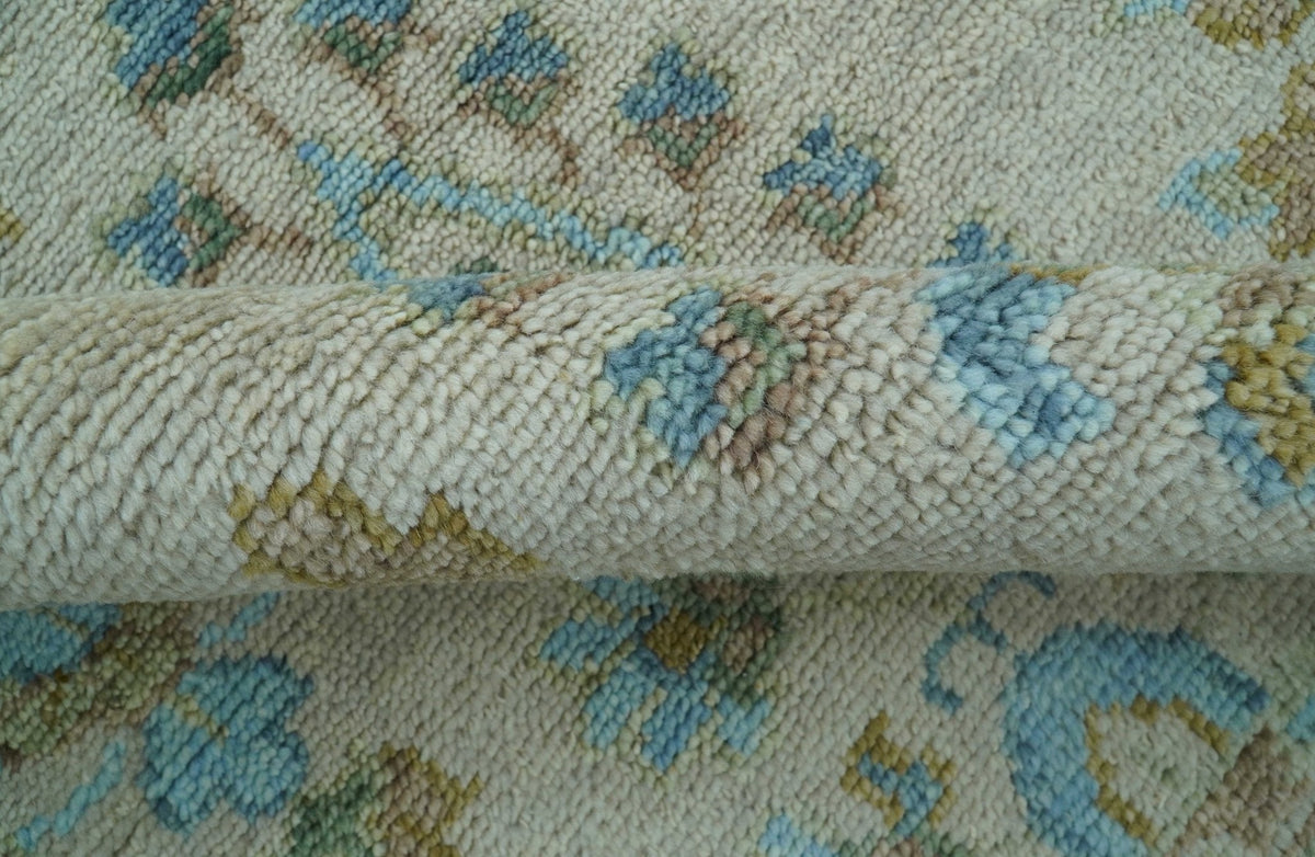 Custom Made Traditional Oriental Design Ivory And Blue Hand knotted Wool Area Rug.