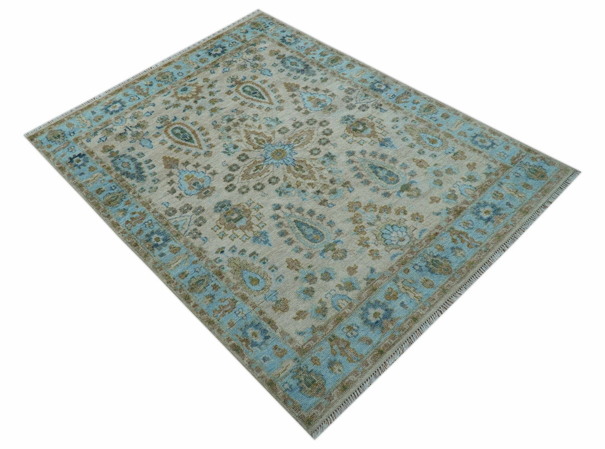 Custom Made Traditional Oriental Design Ivory And Blue Hand knotted Wool Area Rug.