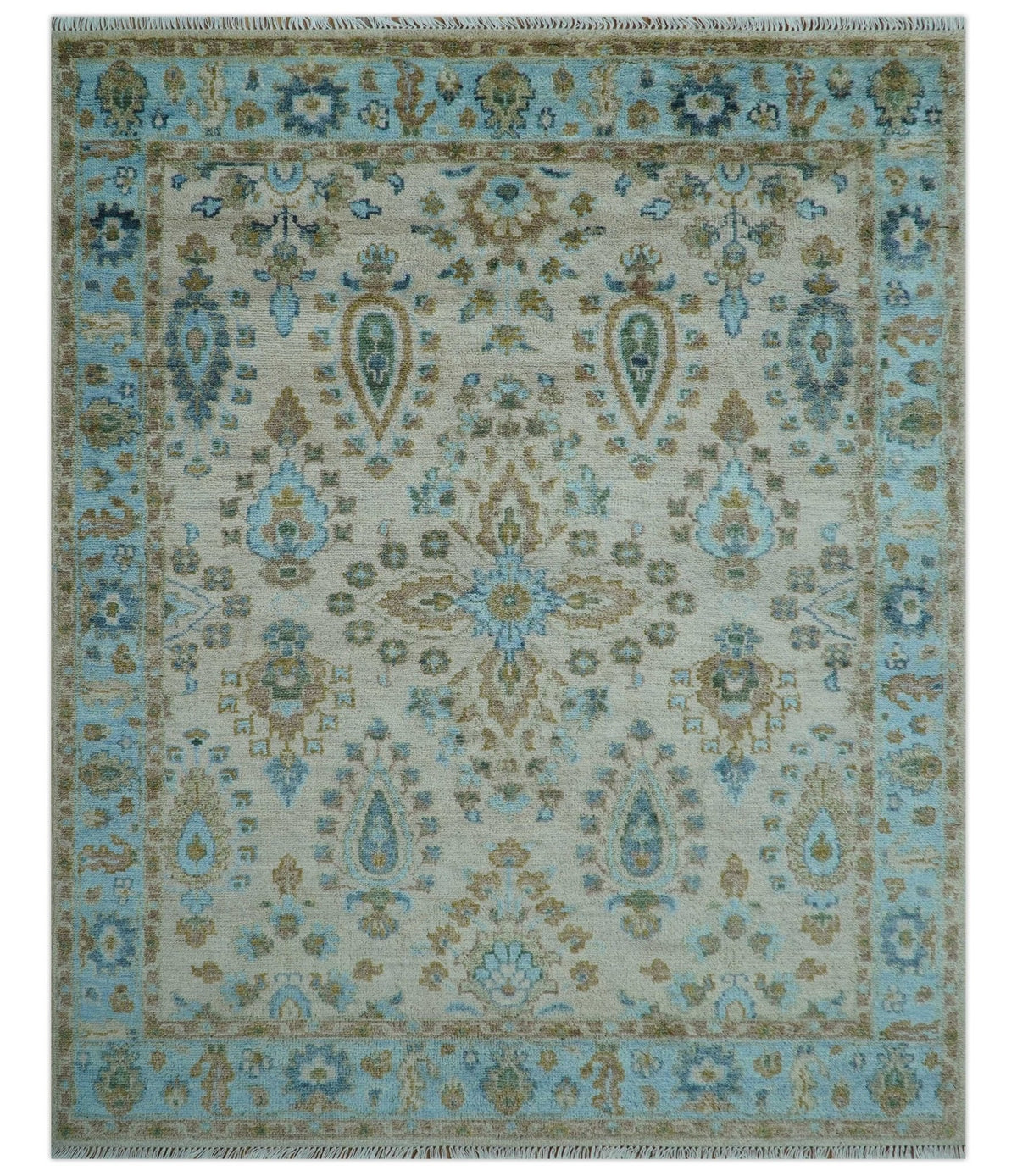 Custom Made Traditional Oriental Design Ivory And Blue Hand knotted Wool Area Rug.