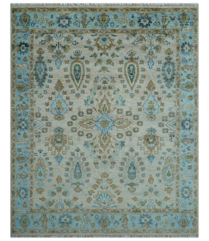 Custom Made Traditional Oriental Design Ivory And Blue Hand knotted Wool Area Rug.