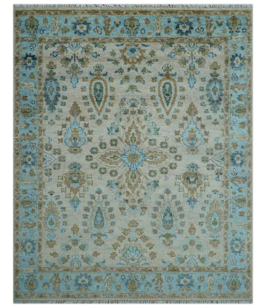 Custom Made Traditional Oriental Design Ivory And Blue Hand knotted Wool Area Rug.