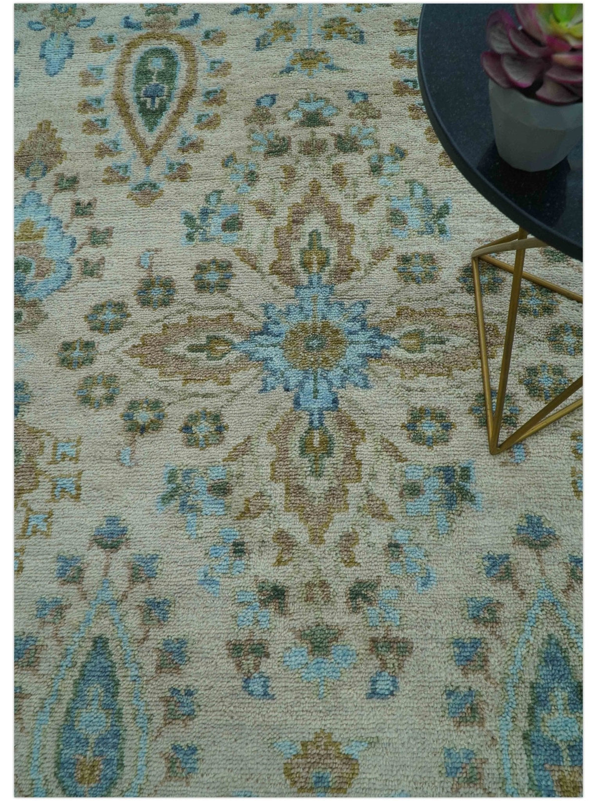 Custom Made Traditional Oriental Design Ivory And Blue Hand knotted Wool Area Rug.