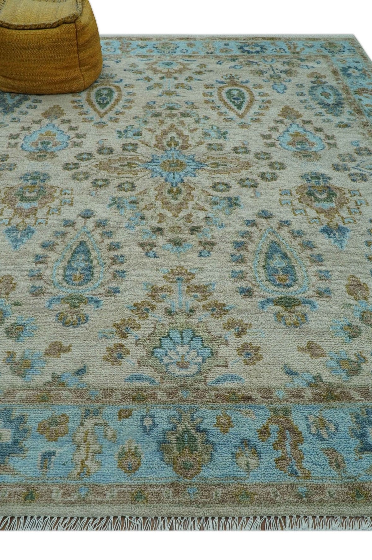 Custom Made Traditional Oriental Design Ivory And Blue Hand knotted Wool Area Rug.