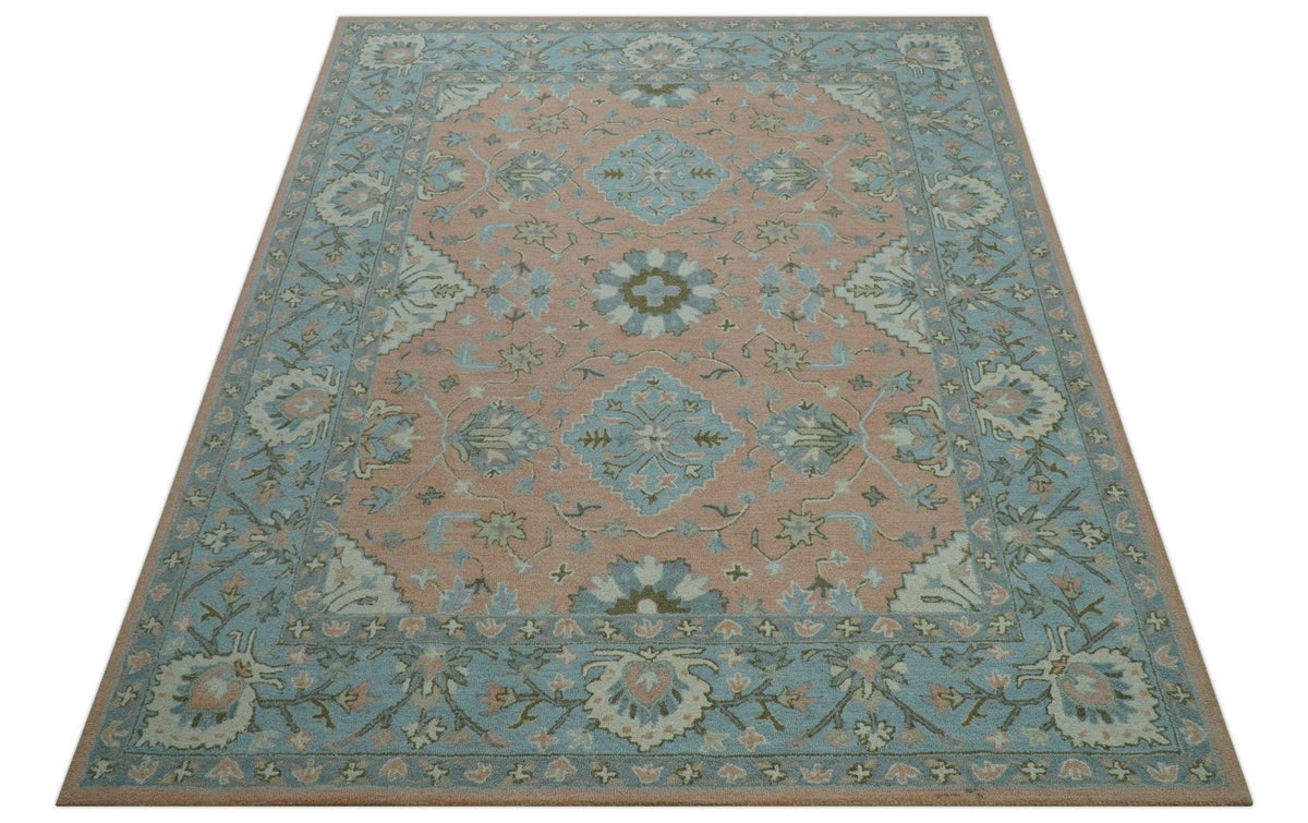 Custom Made Traditional Oriental Design Pink And Blue Hand Tufted Wool Area Rug.