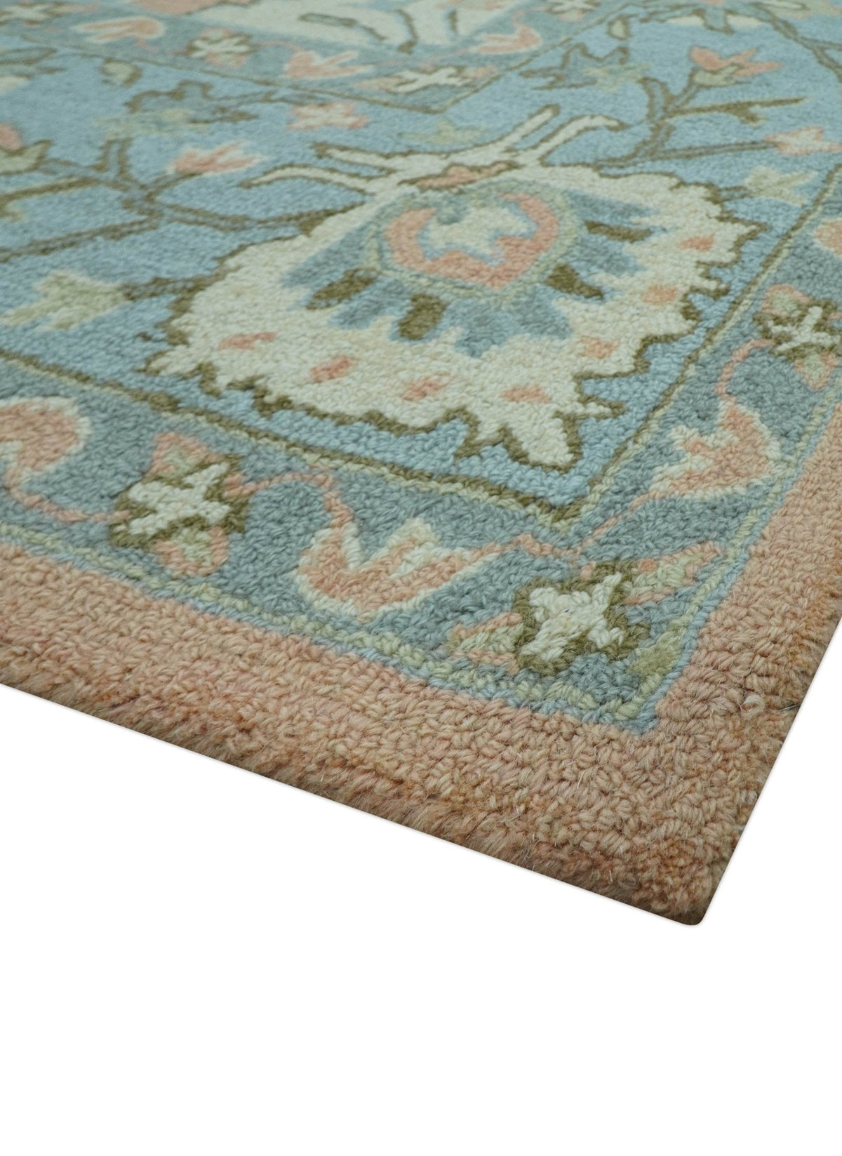 Custom Made Traditional Oriental Design Pink And Blue Hand Tufted Wool Area Rug.