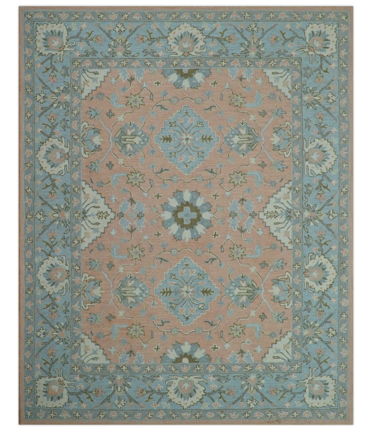 Custom Made Traditional Oriental Design Pink And Blue Hand Tufted Wool Area Rug.