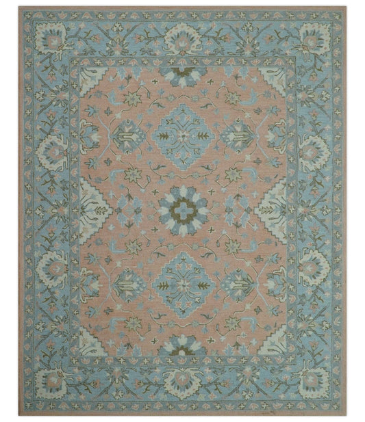 Custom Made Traditional Oriental Design Pink And Blue Hand Tufted Wool Area Rug.