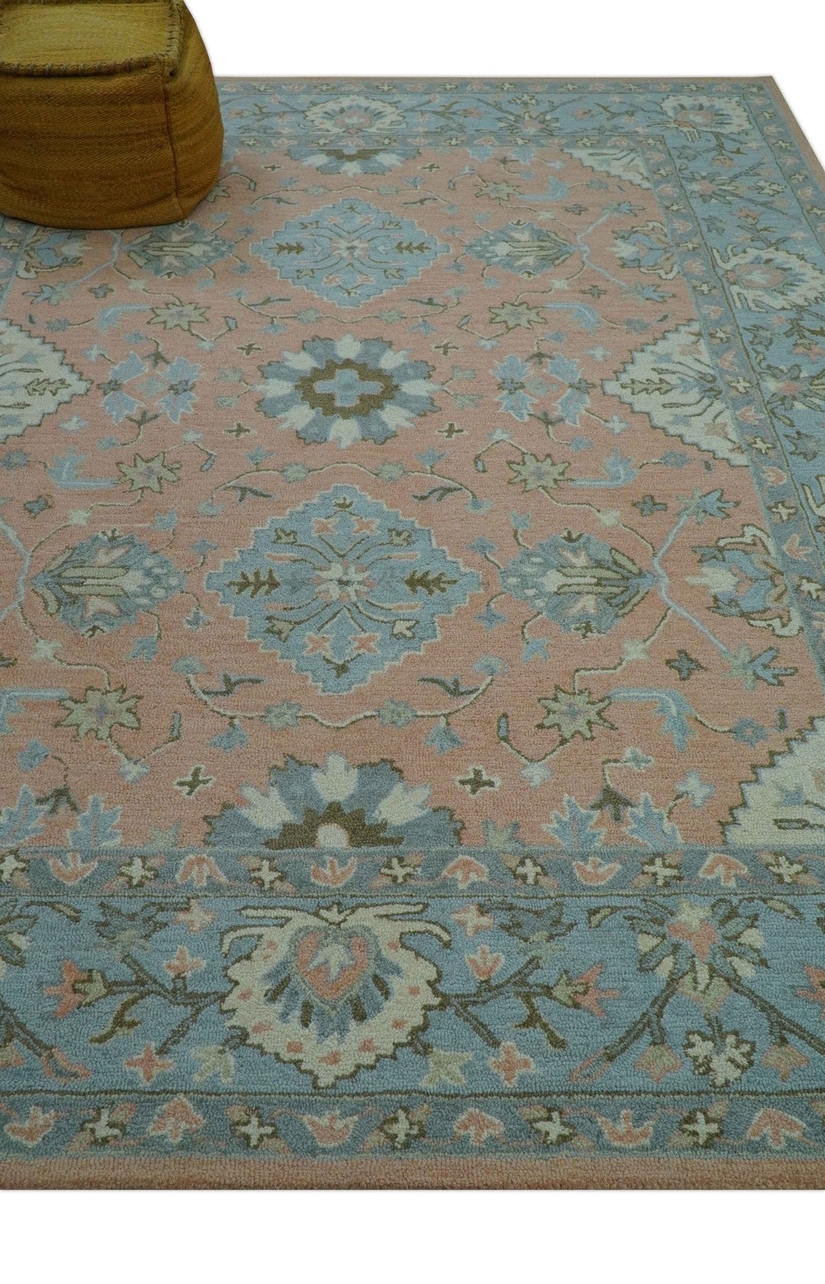 Custom Made Traditional Oriental Design Pink And Blue Hand Tufted Wool Area Rug.