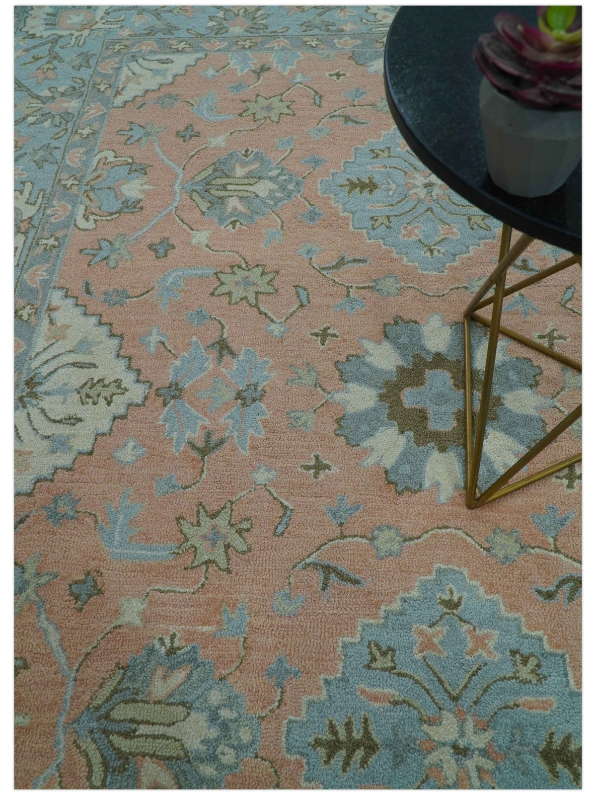 Custom Made Traditional Oriental Design Pink And Blue Hand Tufted Wool Area Rug.