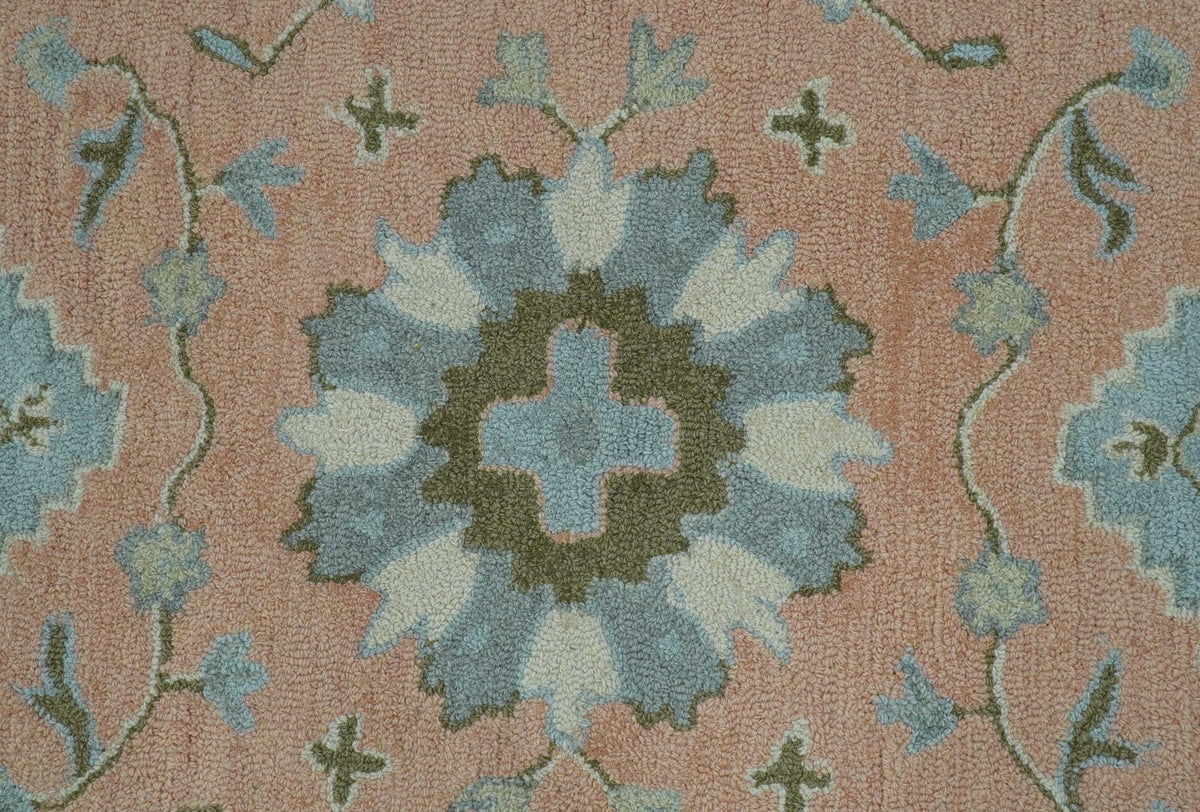 Custom Made Traditional Oriental Design Pink And Blue Hand Tufted Wool Area Rug.