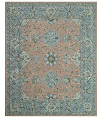 Custom Made Traditional Oriental Design Pink And Blue Hand Tufted Wool Area Rug.