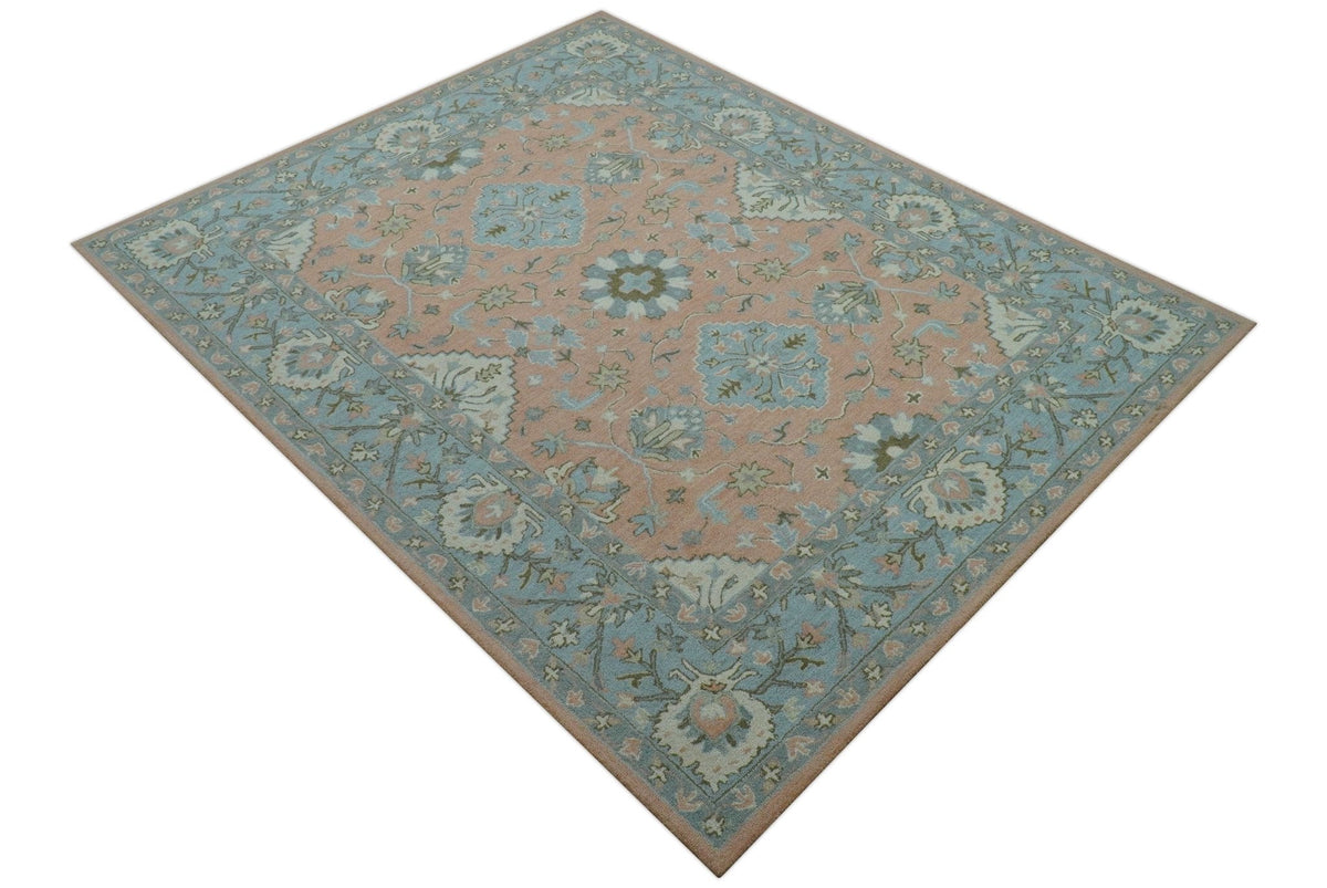 Custom Made Traditional Oriental Design Pink And Blue Hand Tufted Wool Area Rug.