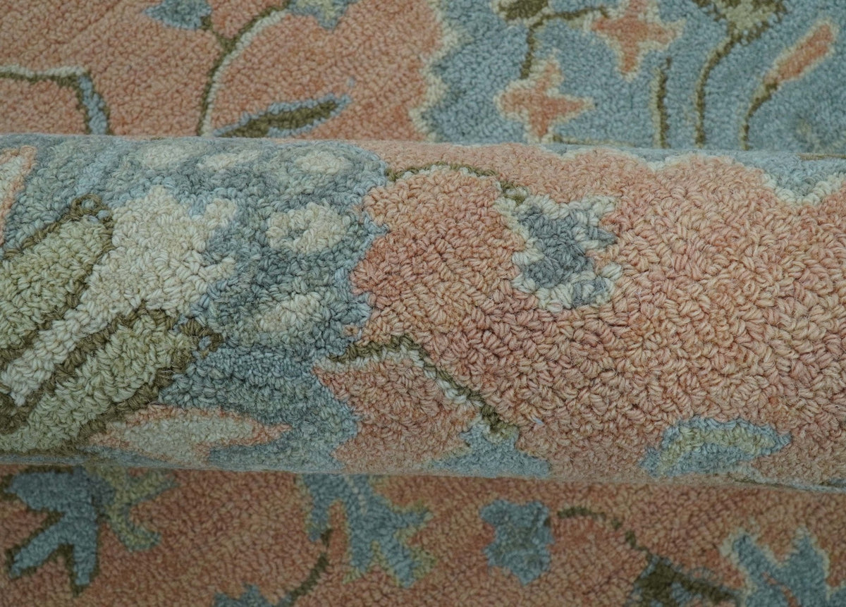 Custom Made Traditional Oriental Design Pink And Blue Hand Tufted Wool Area Rug.