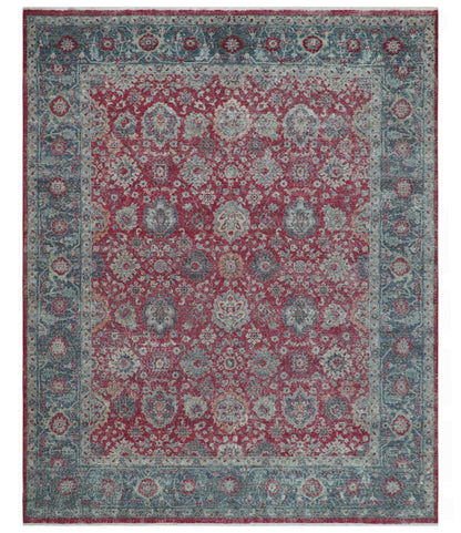 Custom Made Traditional Oriental Design Red And Blue Hand Knotted Wool Area Rug.