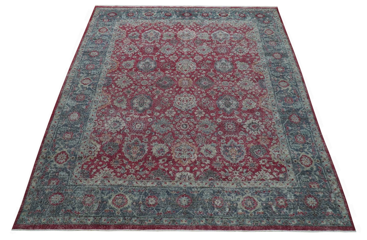 Custom Made Traditional Oriental Design Red And Blue Hand Knotted Wool Area Rug.
