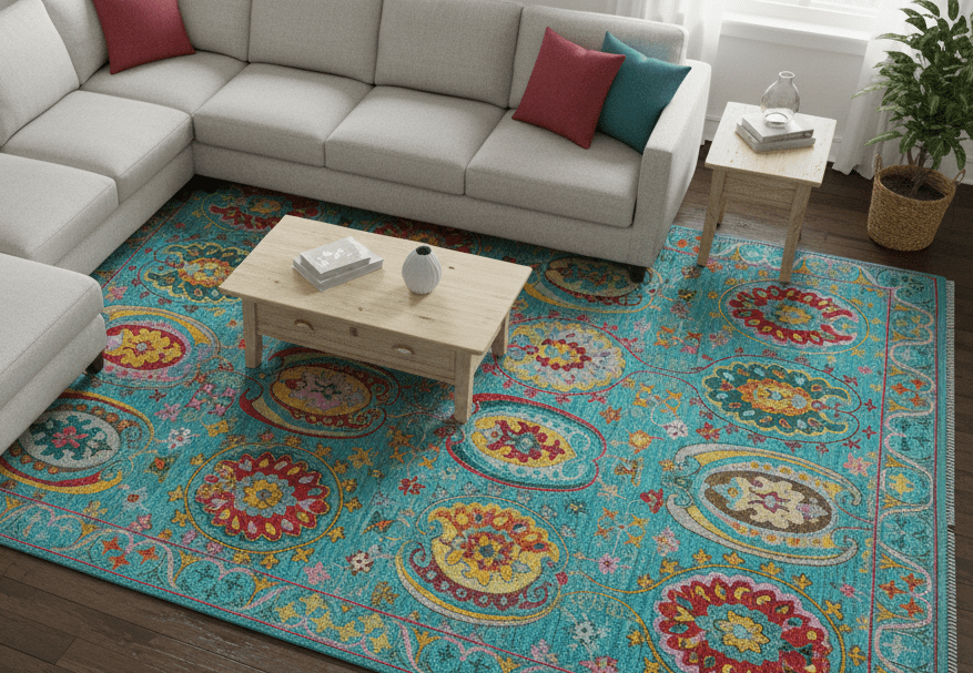 Custom Made Traditional Oriental Design Teal Hand Knotted Wool Area Rug.