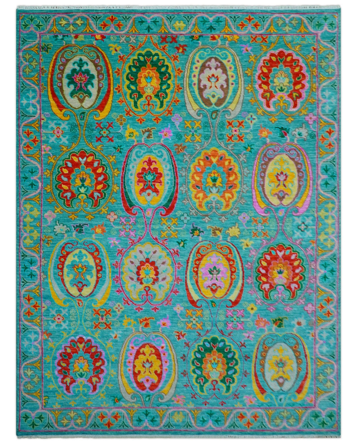 Custom Made Traditional Oriental Design Teal Hand Knotted Wool Area Rug.