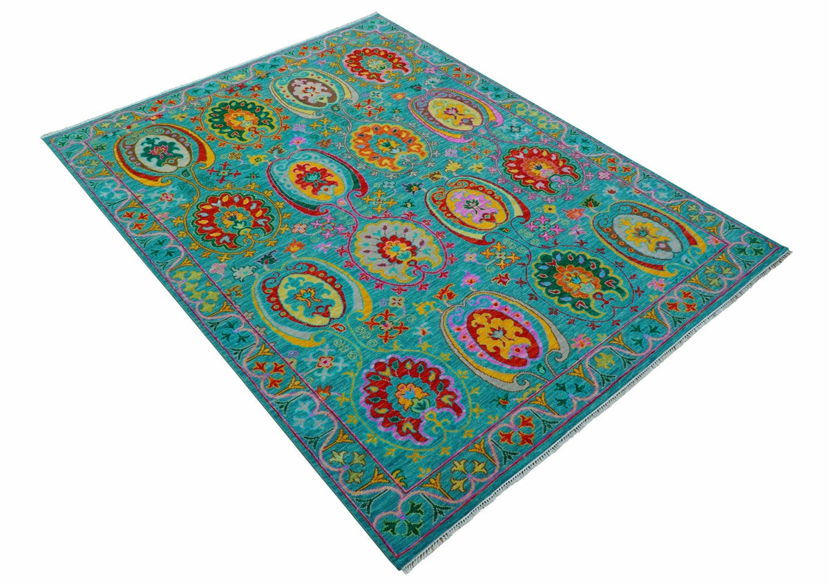 Custom Made Traditional Oriental Design Teal Hand Knotted Wool Area Rug.
