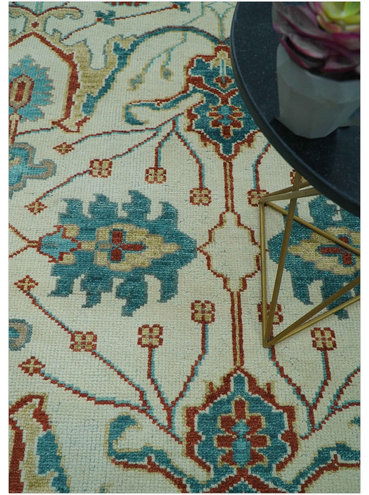 Custom Made Traditional Oriental Oushak Ivory And Blue Hand Knotted Wool Rug.