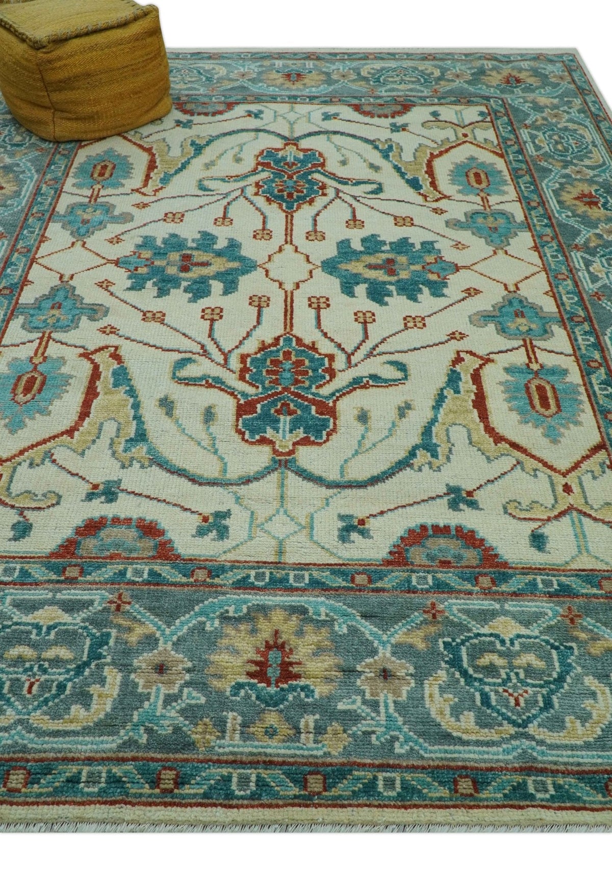 Custom Made Traditional Oriental Oushak Ivory And Blue Hand Knotted Wool Rug.